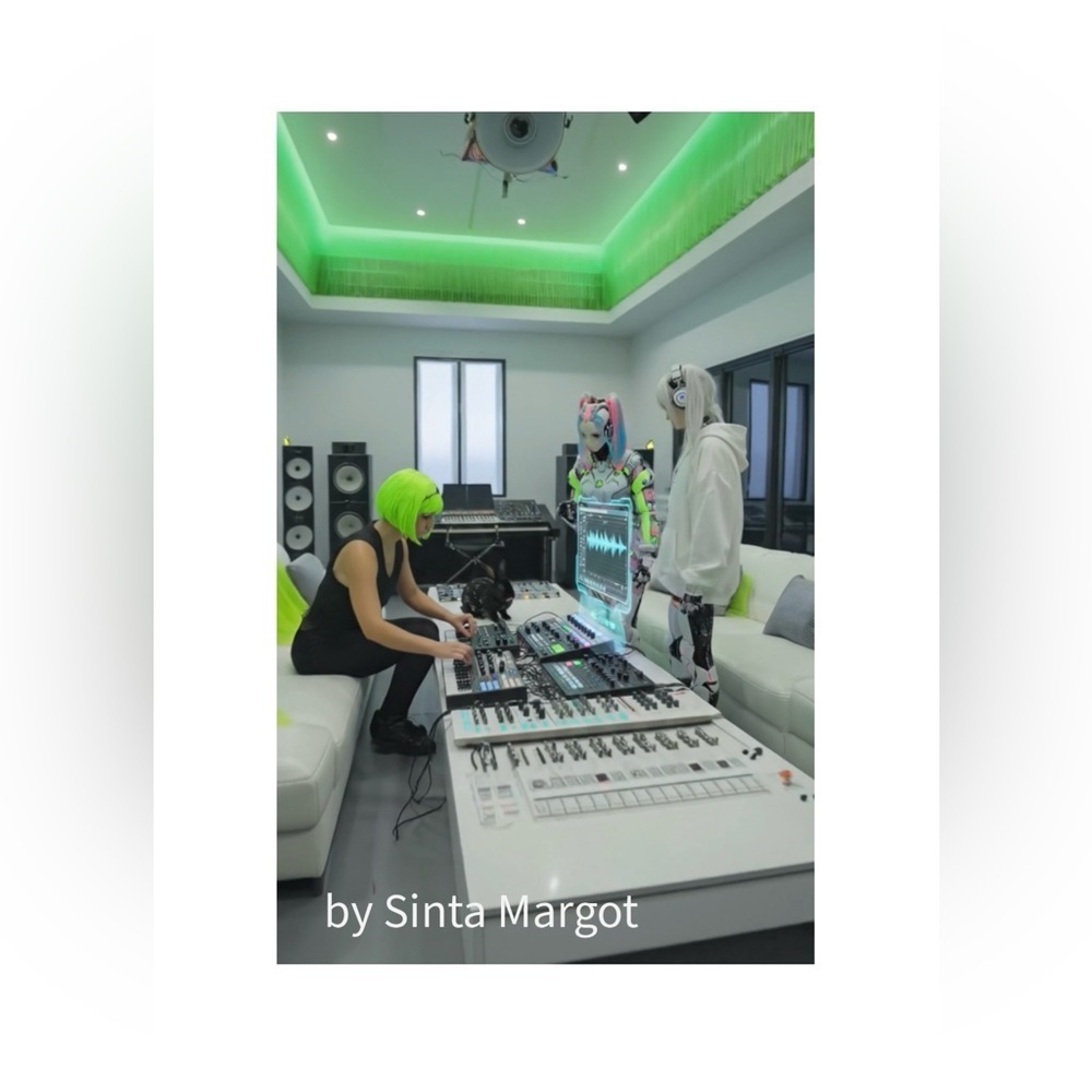 HANDCRAFTED digital art print Neon Green Music Studio Setup wall art